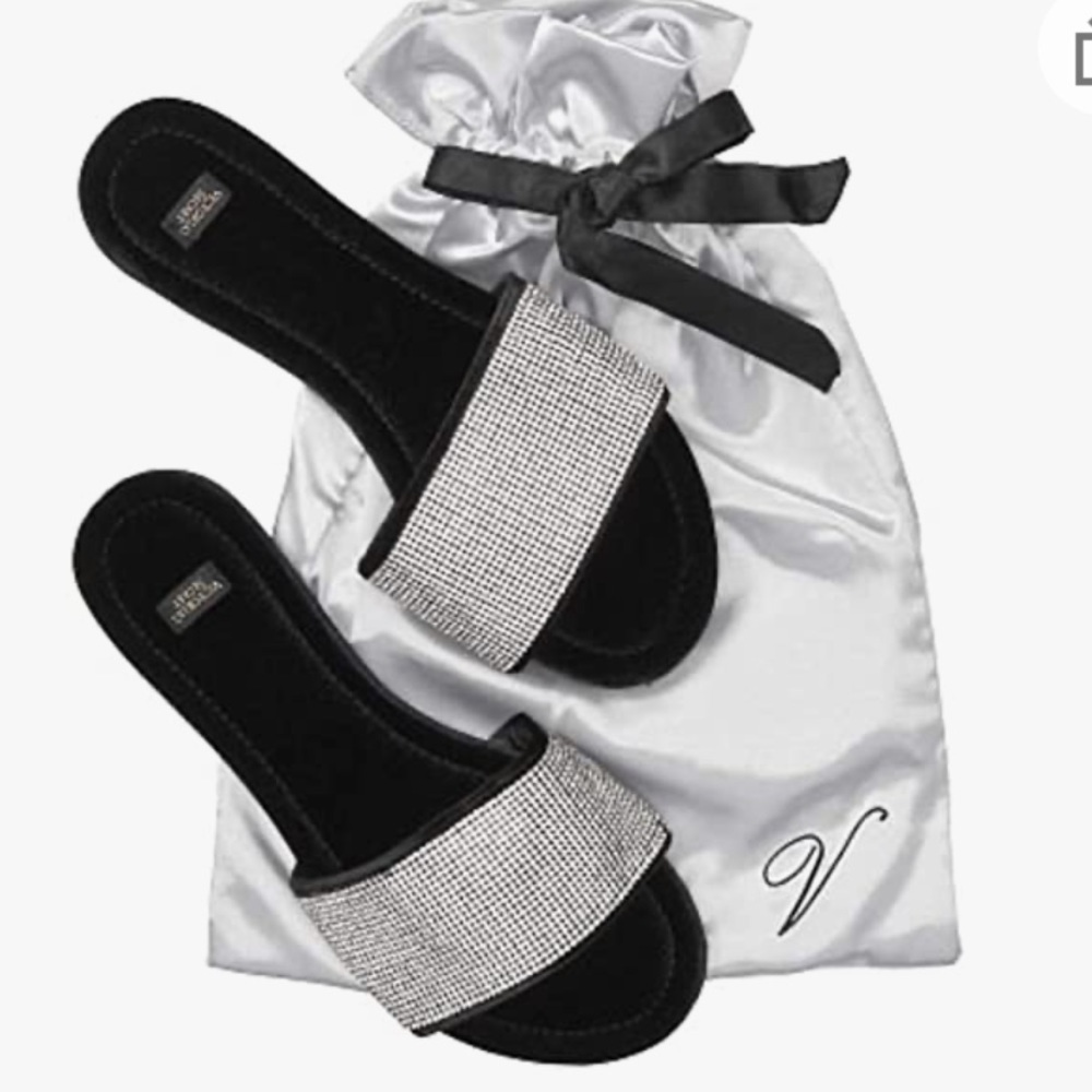 Victoria's Secret crystal bling black velvet slippers with dust bag, medium 7-8